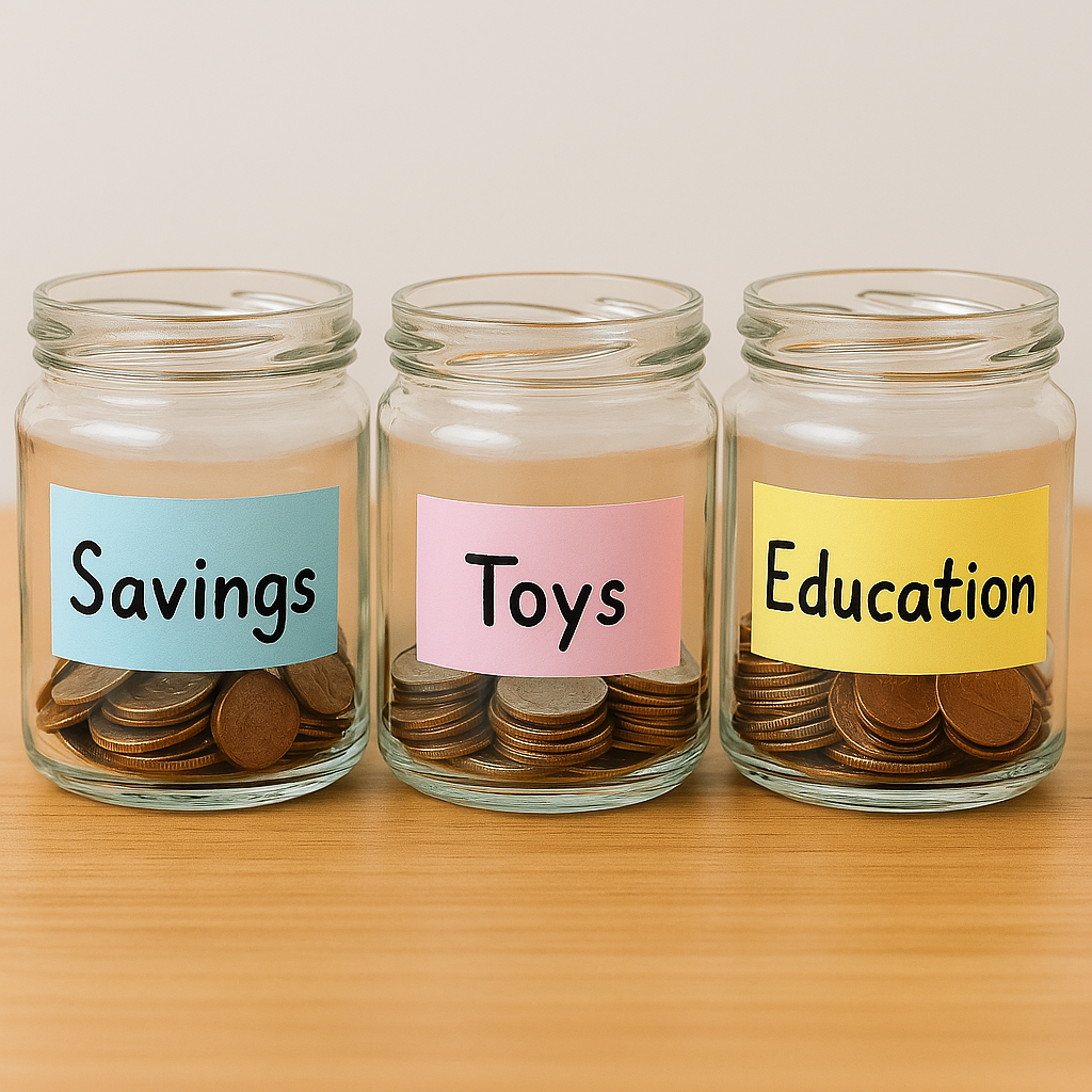 Three-jar budgeting system for tweens showing spend save give buckets