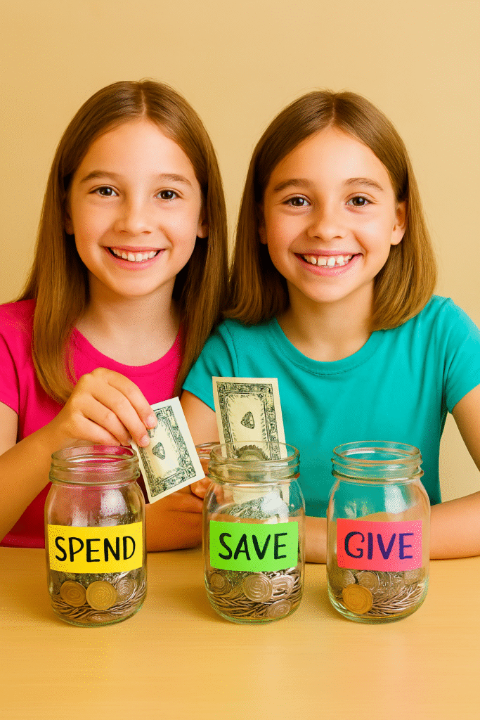 Tween child learning budgeting with 3-bucket money management system"