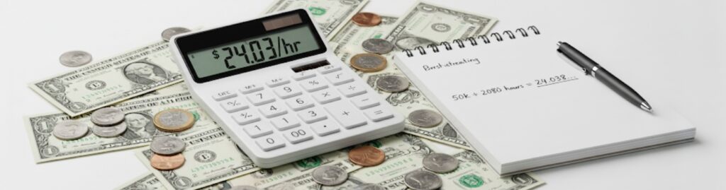 Calculator showing $50,000 annual salary breakdown to $24.03 per hour calculation