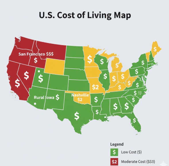 "US cost of living map showing where $50,000 salary provides different standards of living