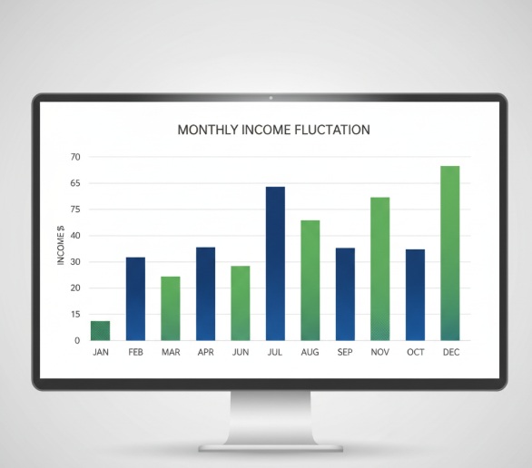 "Chart showing irregular income fluctuations over 12 months with varying earnings amounts"