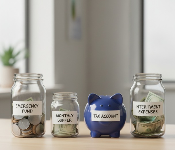 "Multiple savings accounts strategy showing emergency fund, monthly buffer, and intermittent expense accounts for irregular income"