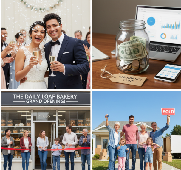Professionals achieving financial goals through susu savings including wedding, emergency fund, and business startup
