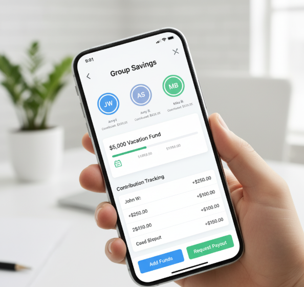 Smartphone showing susu savings app with digital payment and group management features