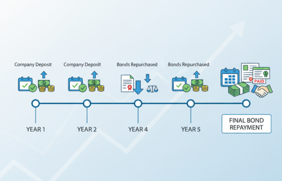  "Step-by-step timeline diagram illustrating how companies make regular deposits into bond sinking funds over time"