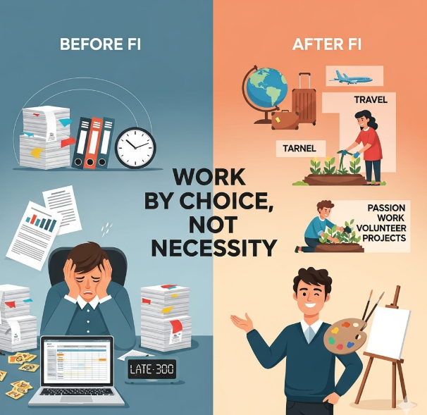 "Before and after comparison showing life before and after achieving financial independence"