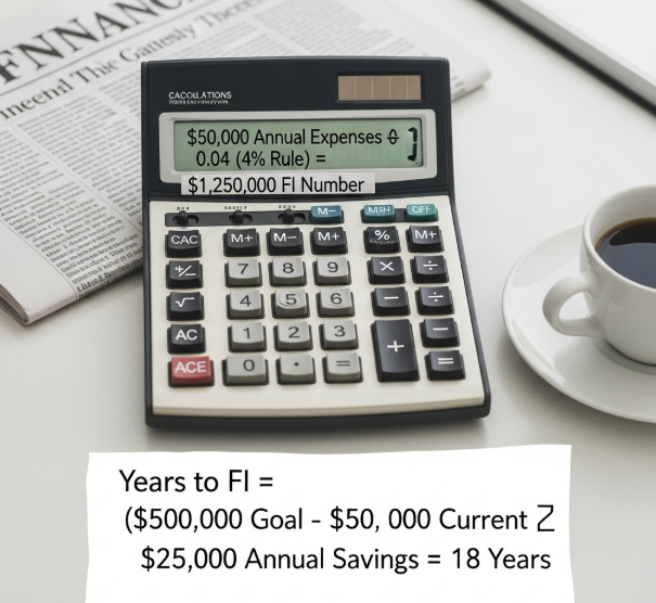 "Step-by-step calculation showing how to determine your financial independence number and timeline"