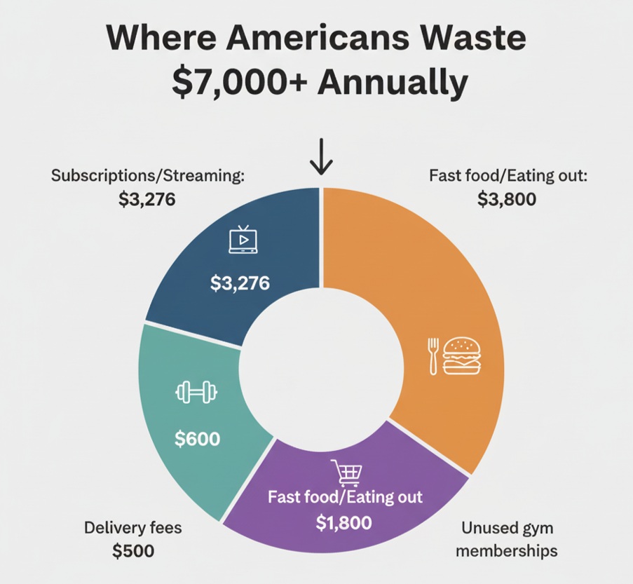 "Infographic showing major money leaks and wasting money categories for American households"