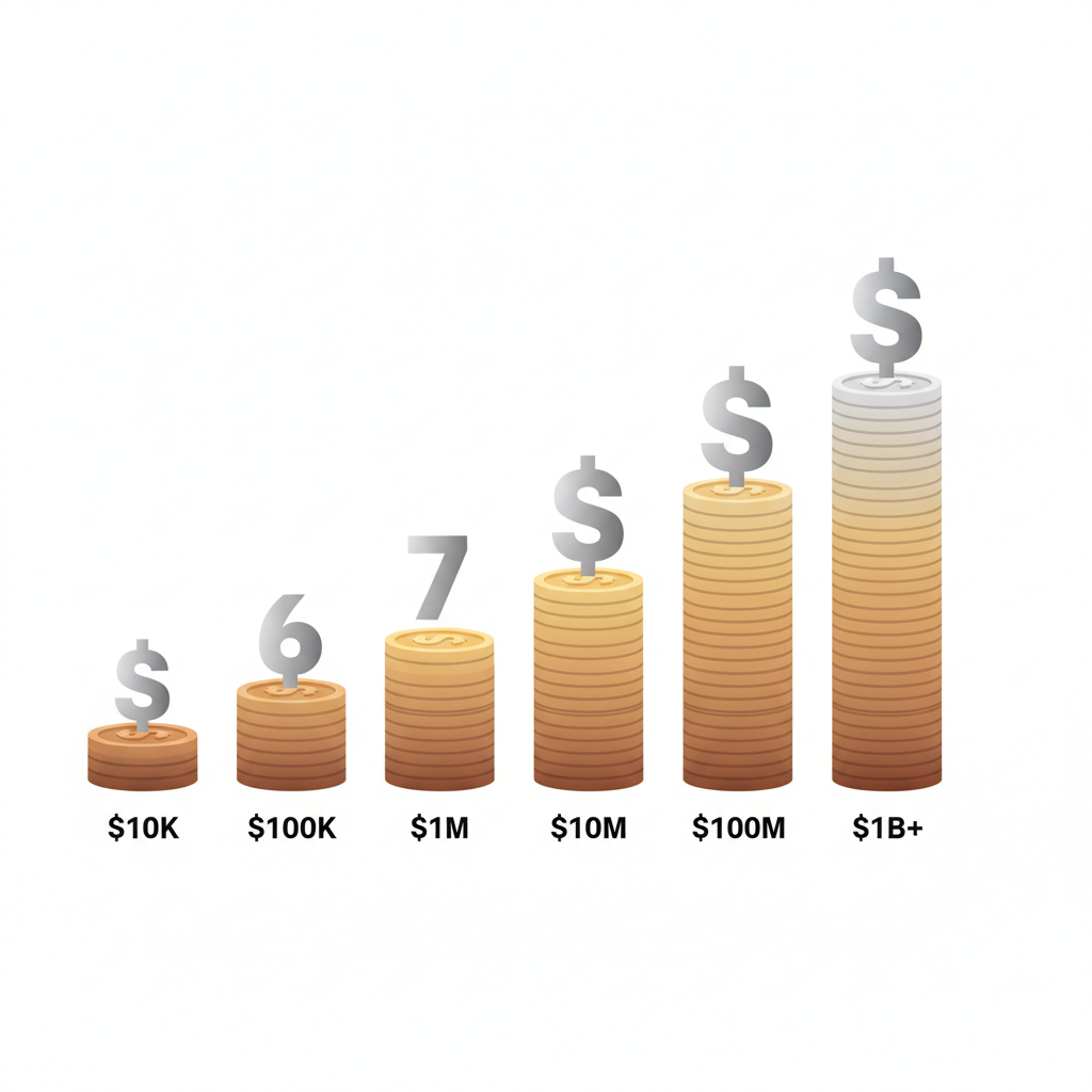 "Visual comparison showing the difference between 5-figure through 10-figure wealth levels from $10,000 to $1 billion dollars"
