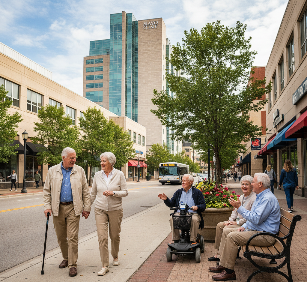 Mayo Clinic building or downtown Rochester street scene with seniors