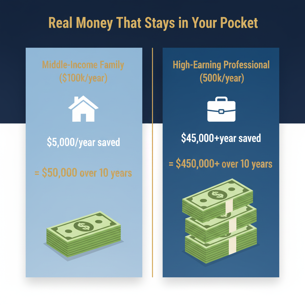 Savings comparison chart showing 10-year income tax savings for families earning $100k versus $500k in no income tax states compared to high tax states