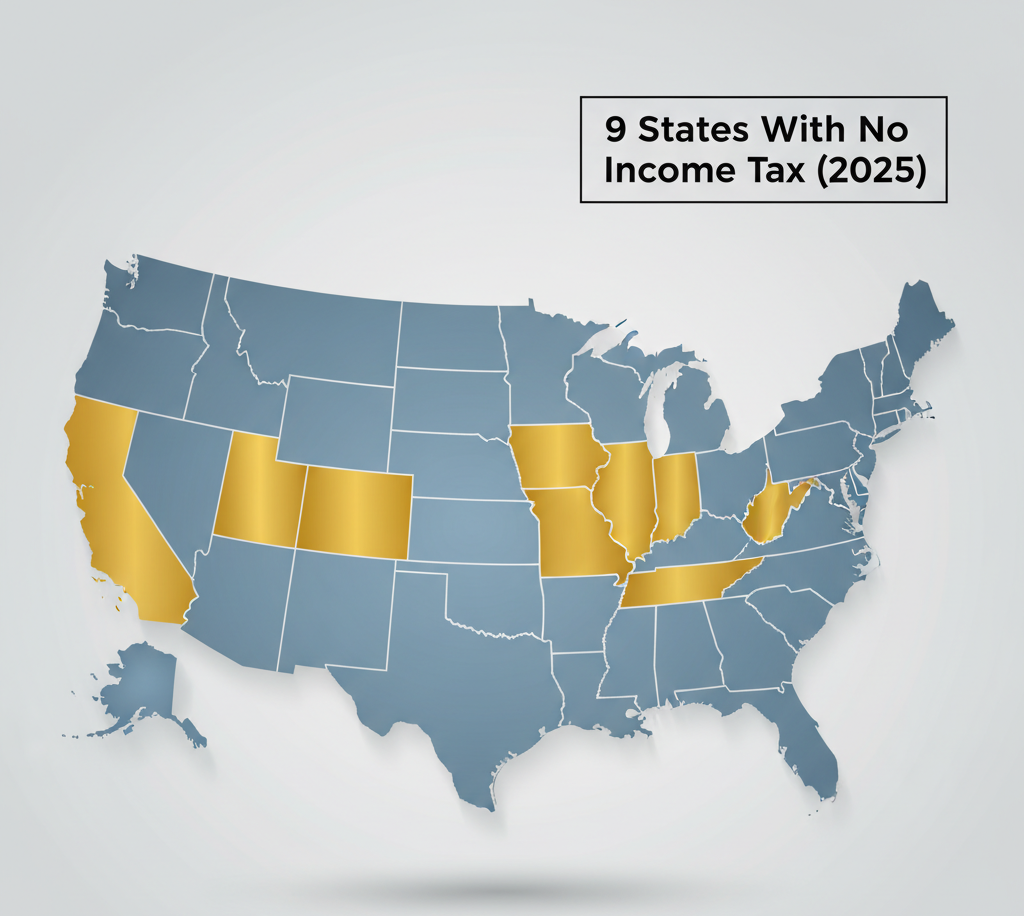 Map of United States highlighting 9 states with no income tax in 2025 including Alaska Florida Nevada New Hampshire South Dakota Tennessee Texas Washington Wyoming"