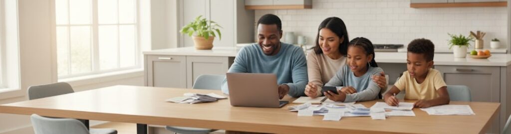 "American family creating an inflation-proof budget together at kitchen table with laptop and financial documents"