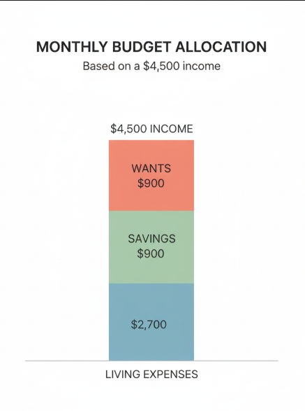 "Four-step process for implementing the 60-20-20 budgeting method: calculate income, divide into percentages, categorize expenses, and adjust spending"