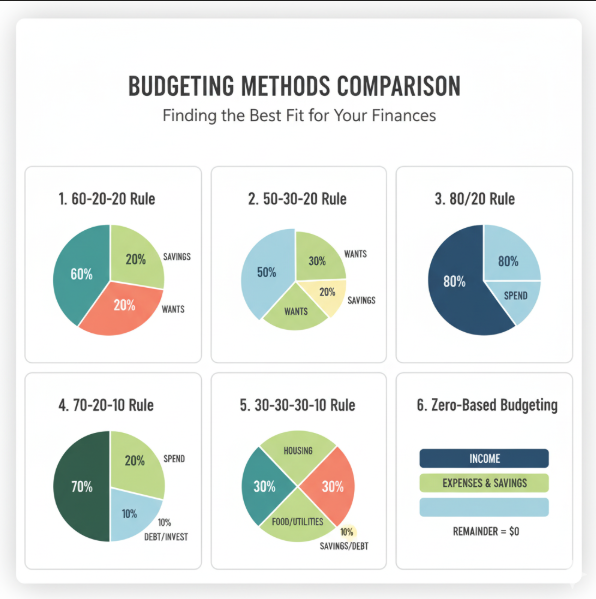  "Comparison chart of popular budgeting methods including 60-20-20, 50-30-20, 80/20, and other percentage-based budget strategies"
