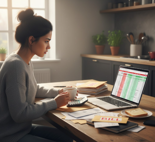 "Person reviewing financial documents and bills while creating a budget on laptop that analysing common money mistakes