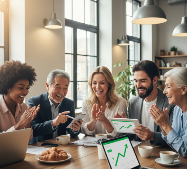 "People celebrating financial progress and achieving money goals together by checking common money mistakes