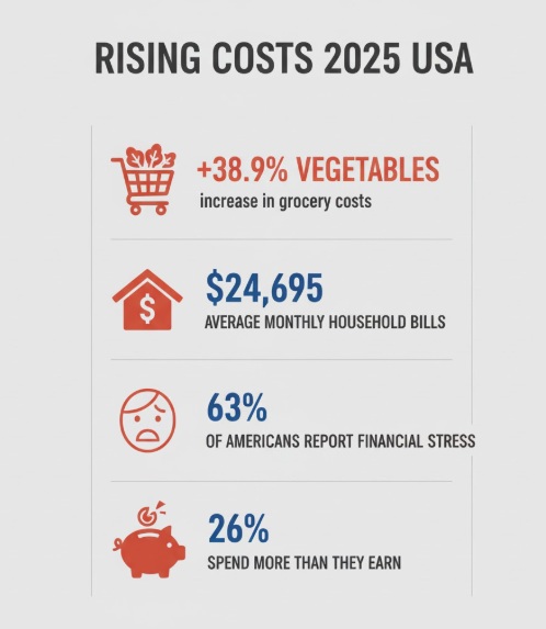 "Infographic showing 2025 US inflation statistics including 38.9% increase in vegetable prices and household financial stress data"