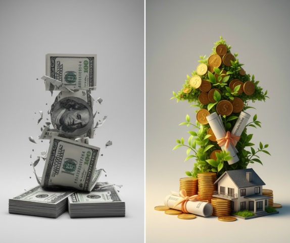 "Visual comparison showing cash losing value versus investments growing during inflation with Treasury bonds, stocks, and real estate"