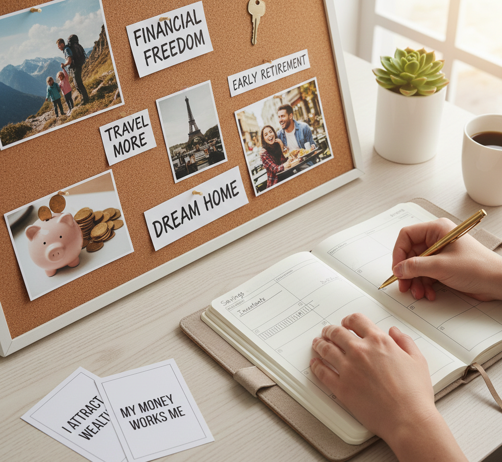 Creating vision board for financial goals and wealth attraction mindset"