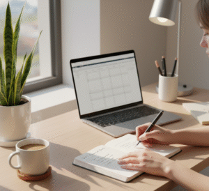 "Person working in organized, calm environment focusing on financial goals and money mindset"