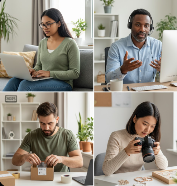 "Diverse group of people working on various side hustles including freelancing, tutoring, and e-commerce" Make an Extra $1000 a Month