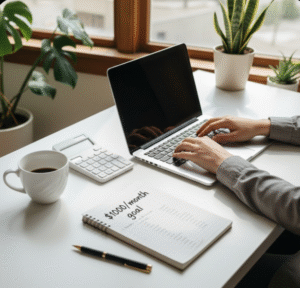 "Person working on laptop with coffee and notebook calculating extra income goals" Make an Extra $1000 a Month