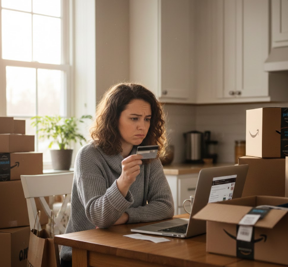 "Woman contemplating purchase while shopping online with credit card and laptop, surrounded by unopened packages Unnecessary Purchases
