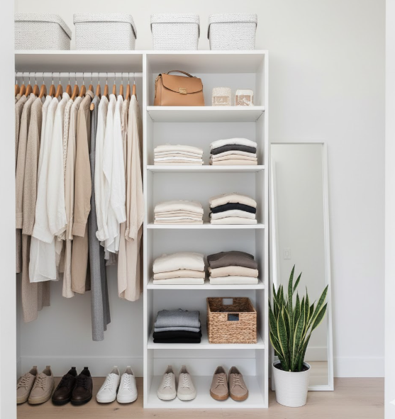 "Organized minimalist closet with capsule wardrobe showing intentional clothing choices and decluttered space" Unnecessary Purchases