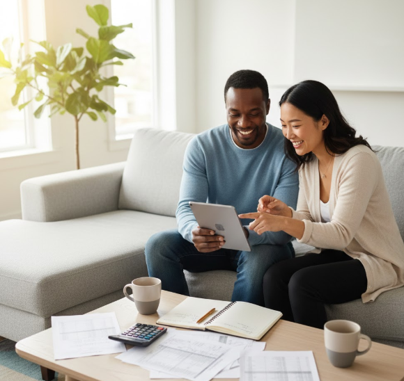 Happy couple reviewing finances together showing accountability partnership for achieving savings goals" Unnecessary Purchases