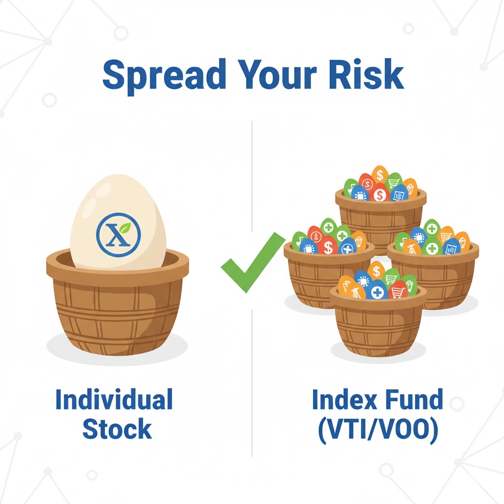 Visual comparison showing how index funds like VTI and VOO provide diversification versus individual stocks for beginner investors