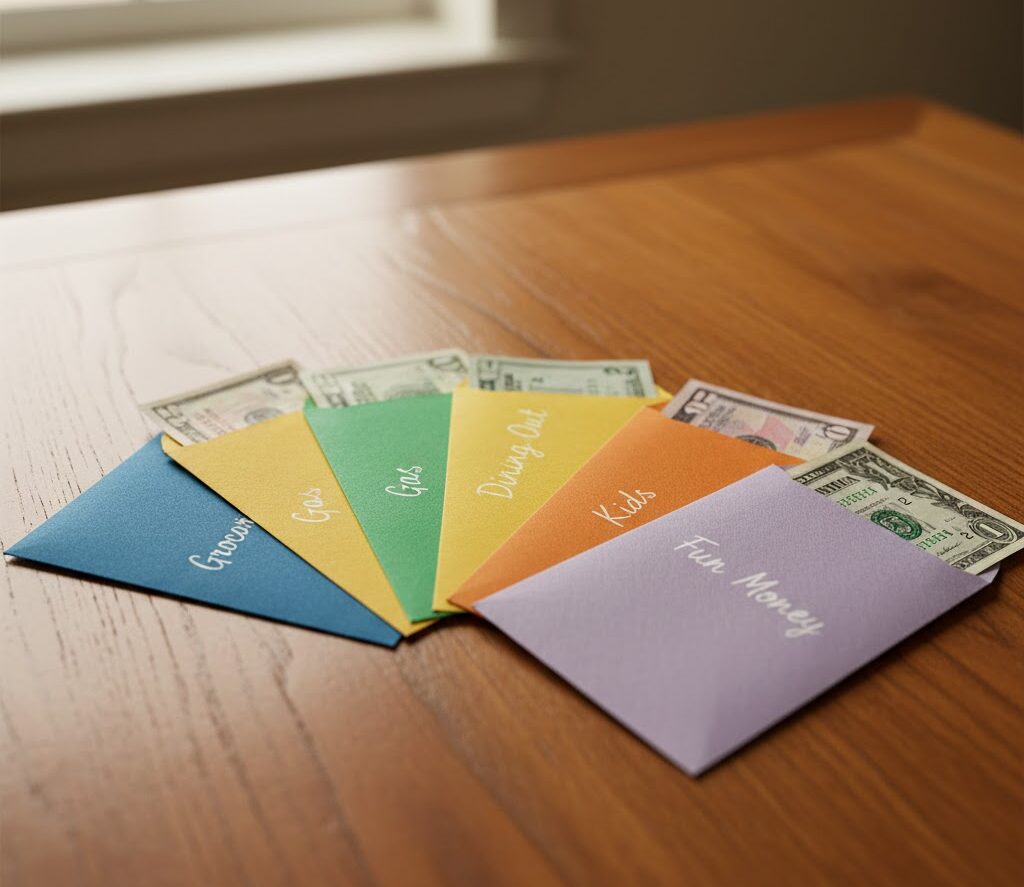 Cash envelope budgeting system with labeled envelopes for different spending categories and dollar bills