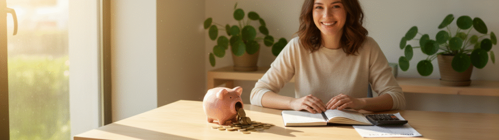Hero image of woman managing savings on tight budget with piggy bank and planning tools.