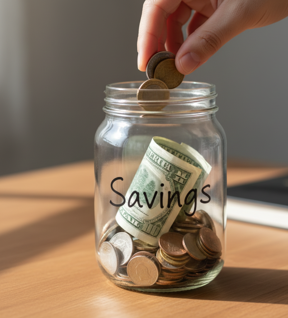 Hand adding coins to savings jar for tight budget money saving strategy
