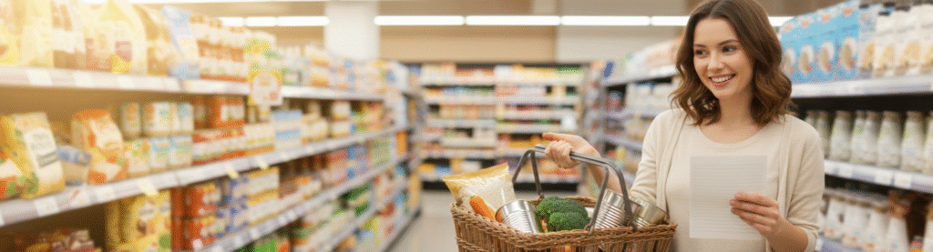 Woman grocery shopping smartly with budget list to save money on tight budget