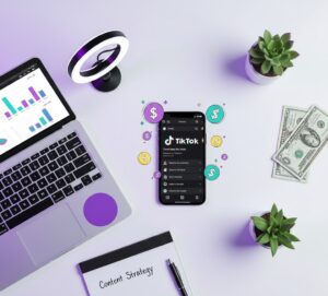 Smartphone displaying TikTok app surrounded by money, laptop, and content creation tools representing TikTok monetization opportunities