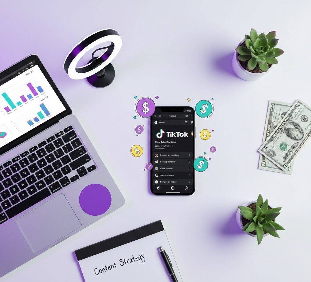 Smartphone displaying TikTok app surrounded by money, laptop, and content creation tools representing TikTok monetization opportunities