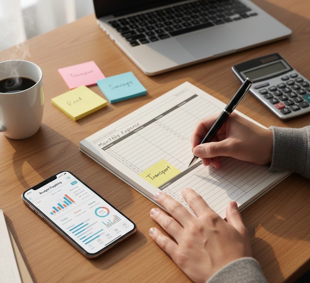Person planning monthly budget using notebook, budgeting app, and calculator for financial organization