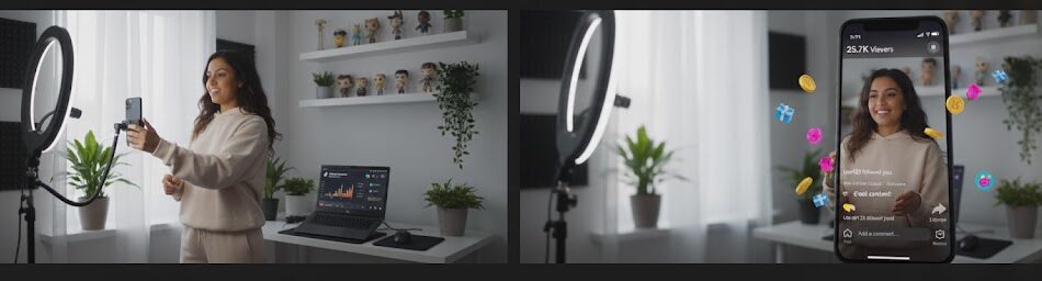 Content creator filming TikTok video next to smartphone showing TikTok live stream with virtual gifts and Creator Program earnings dashboard