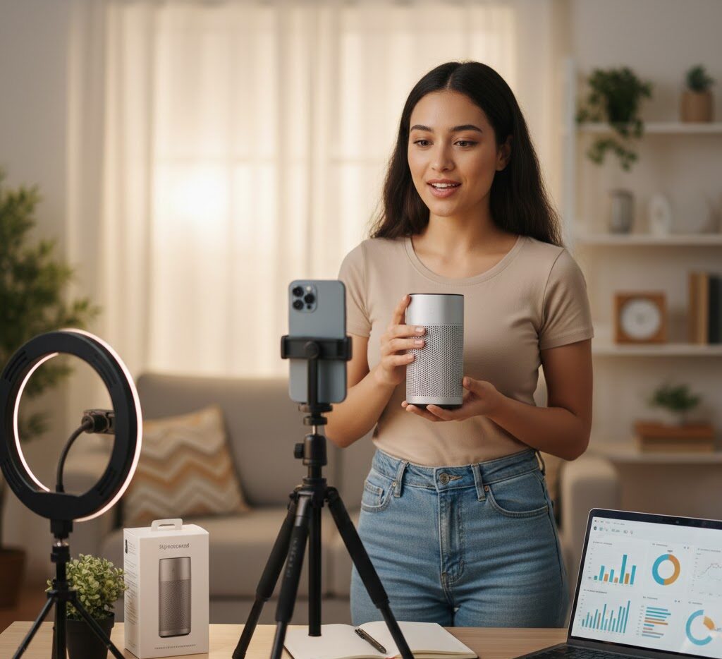 TikTok influencer creating sponsored product review video with professional equipment showing brand partnership monetization strategy