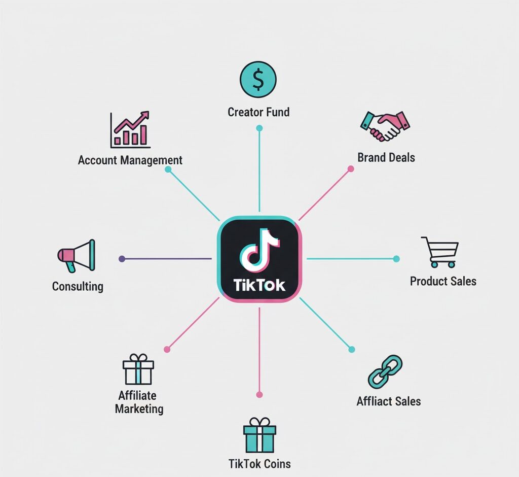 Infographic showing multiple TikTok monetization methods including Creator Fund, brand partnerships, affiliate marketing, product sales, and consulting services