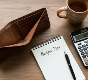 "Empty wallet with budget planning notebook and calculator showing zero balance - budgeting with no money concept"