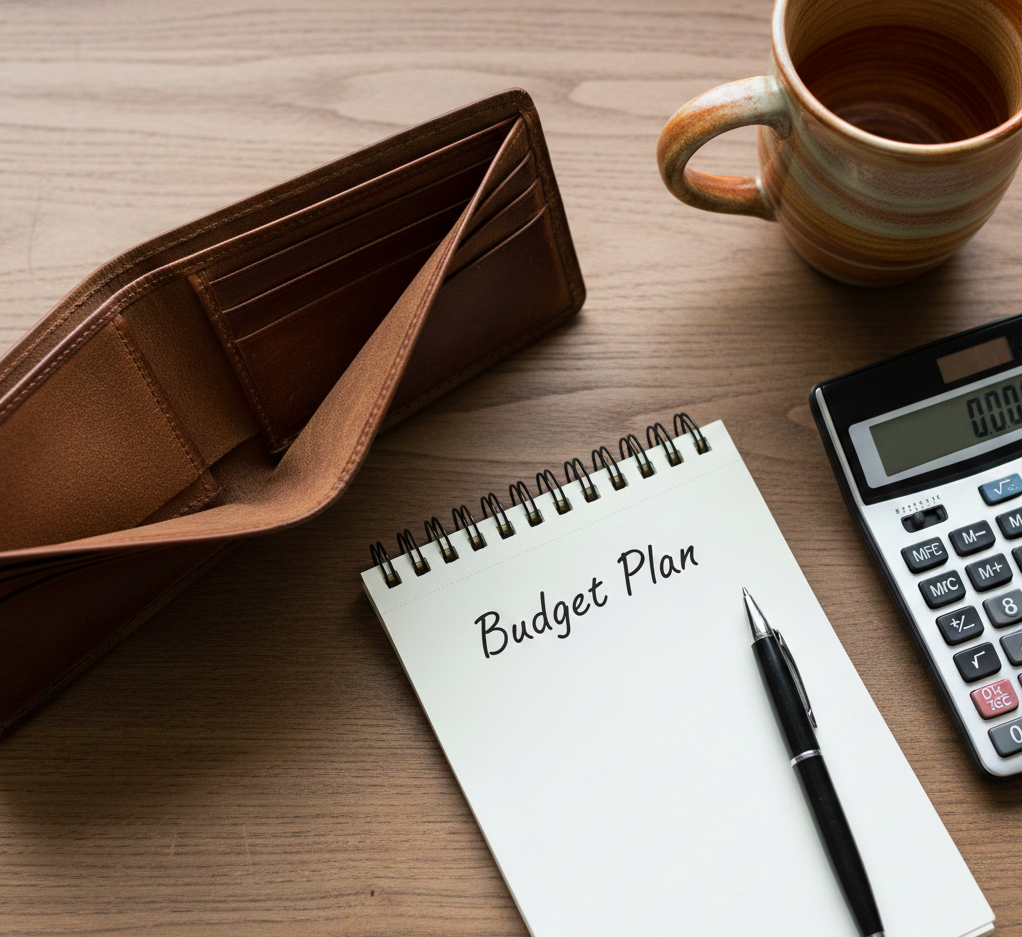 "Empty wallet with budget planning notebook and calculator showing zero balance - budgeting with no money concept"