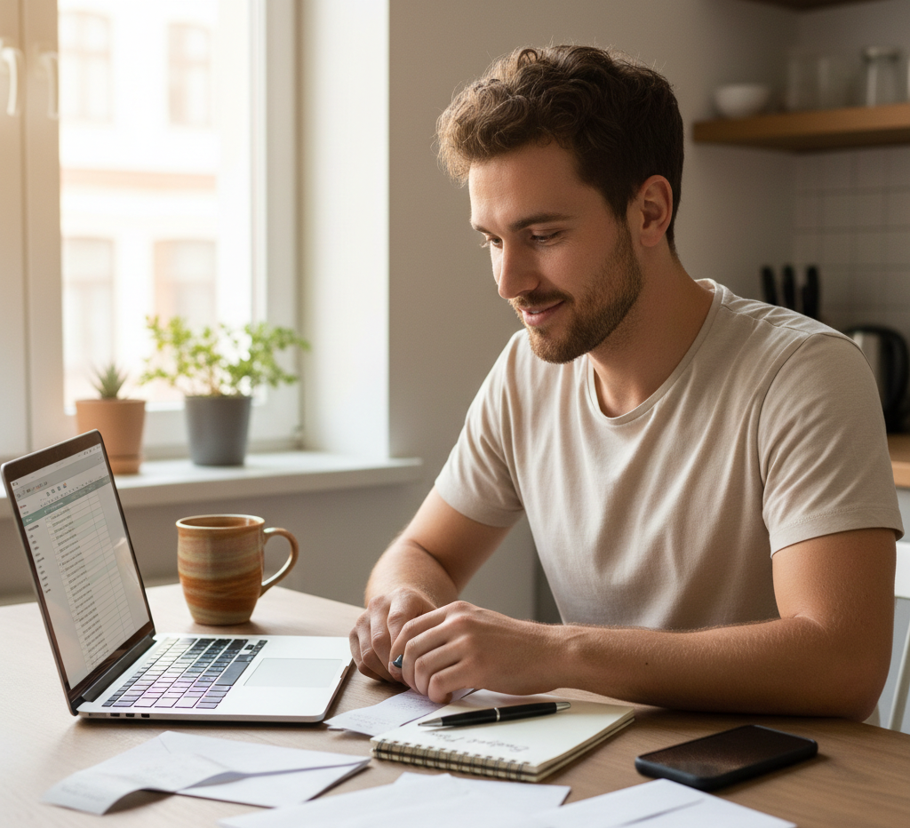 "Person creating a bare-bones budget at home kitchen table - survival mode budgeting and money management"