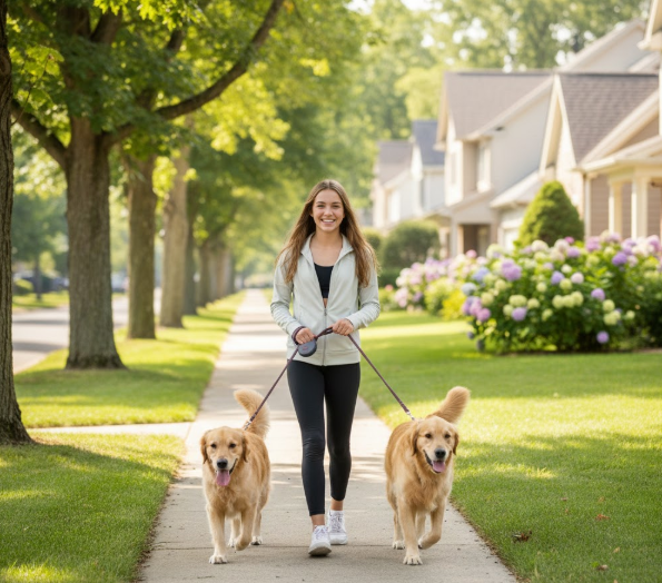 "A teenage girl walking two golden retrievers on a sunny American suburban street — illustrating a dog walking business side hustle for teens"