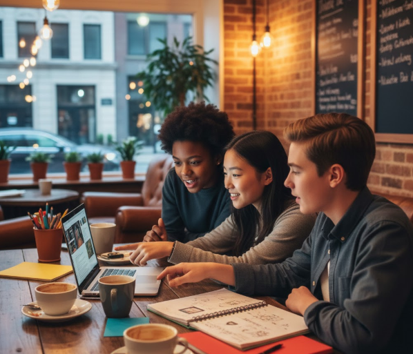 "A diverse group of American high school teens collaborating on a small business idea at a coffee shop, with laptops and notebooks on the table — symbolizing teen entrepreneurship and earning extra money"