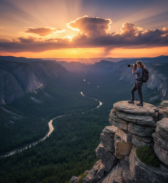 A travel photographer standing on a scenic overlook, camera in hand, capturing a mountain landscape in the US — representing how to get paid to travel as a photographer