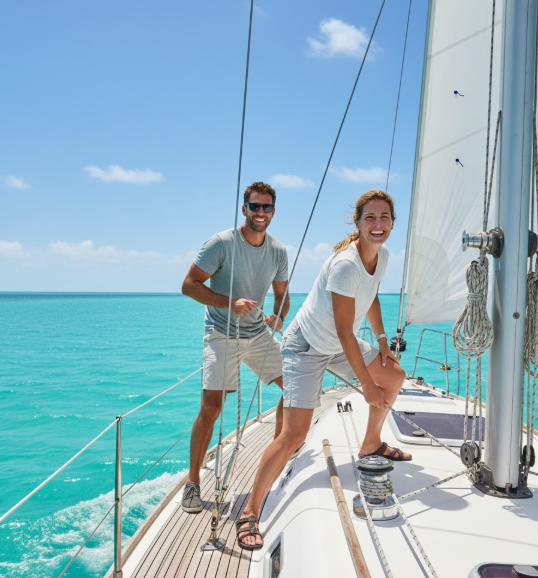 A smiling couple working as boat crew on a sailboat in clear blue ocean water — an example of boat crew jobs as a way to get paid to travel the world"
