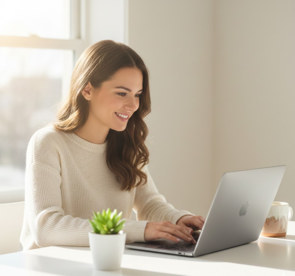 "Woman working from home on laptop learning how to make $4,000 a month"