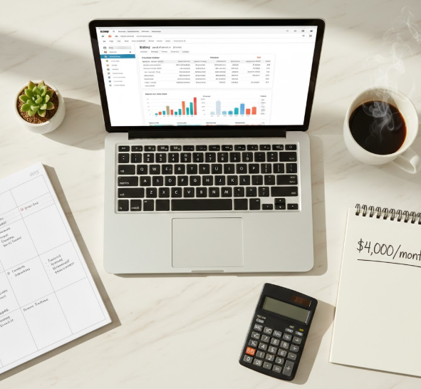 Flat lay of side hustle tools representing ways to make $4,000 a month online from home"